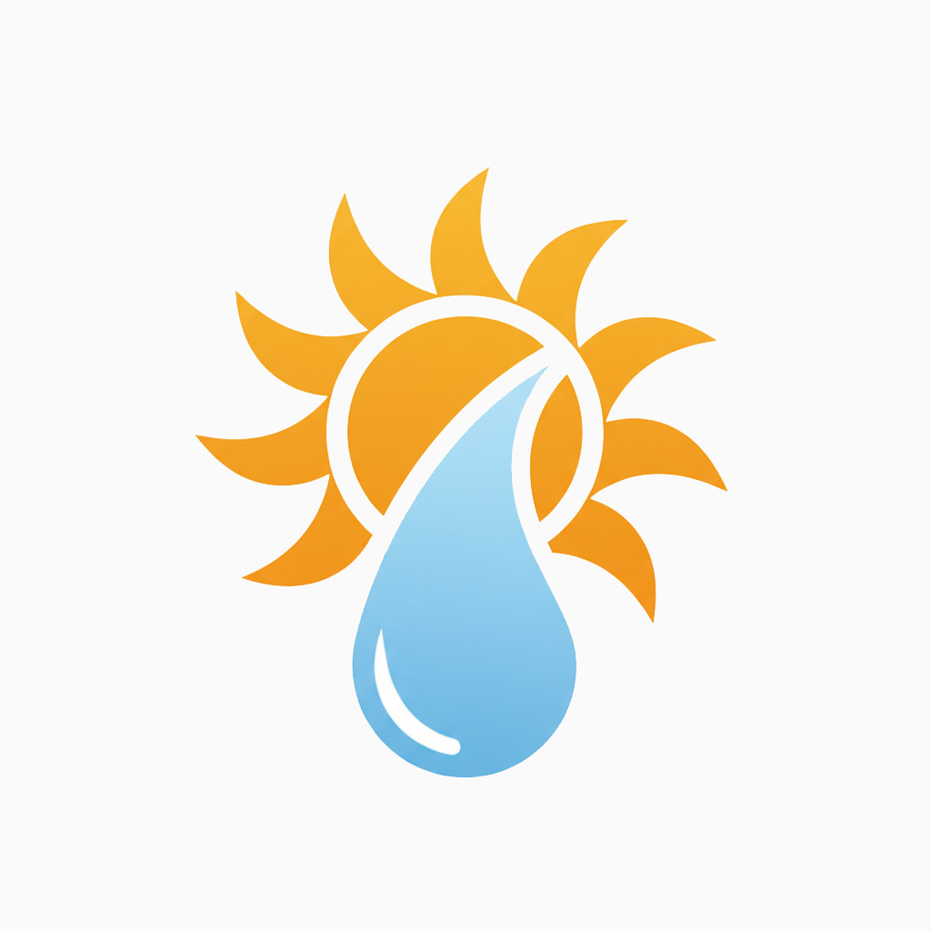 A stylized icon showing an orange sun with rays behind a large blue water droplet, symbolizing the combination of sunlight and water. The background is white.